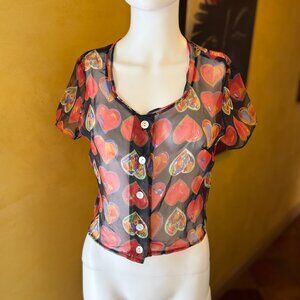💘 Vintage Y2K Violation USA Sheer Mesh Heart Print Button-Up Top – Size Small